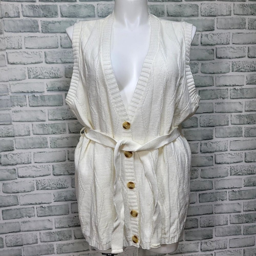 Vintage 90s BFA Classics Womens 2XL Off White Knit Sleeveless Cardigan Vest Belt
